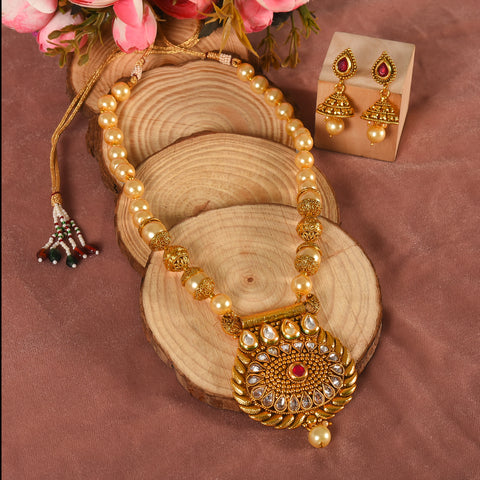 Timless Statement Antique Ruby Long Necklace set With Jhumki Earring