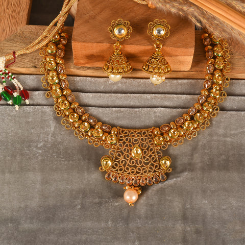 Danica Statement Kundan Antique Necklace set With Jhumki Earring