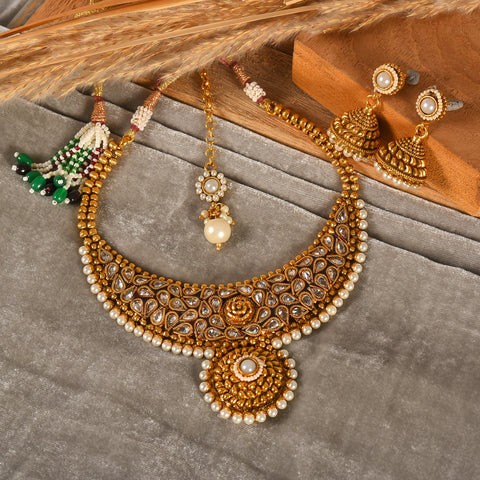 Pearl Statement Kundan Antique Necklace set With Jhumki Earring & Mang Tika