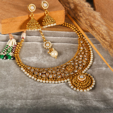 Pearl Statement Kundan Antique Necklace set With Jhumki Earring & Mang Tika
