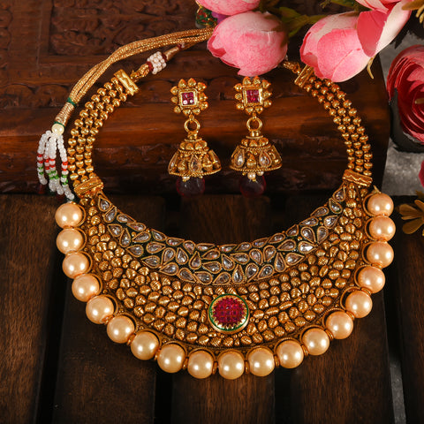 Pearl Statement Kundan Antique Ruby Necklace set With Jhumki Earring