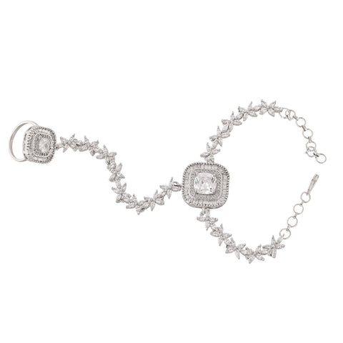 American Diamond CZ White Sleek Adjustable Ring Hathpanja Bracelet