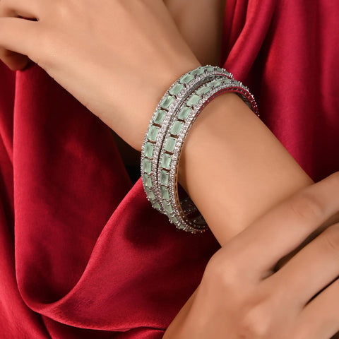 Silver Plated Mint Green CZ American Diamond Bangle Set