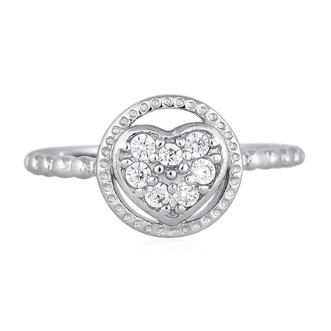 92.5 Silver Rhodium Plated Swiss Zirconia White Round Heart Ring