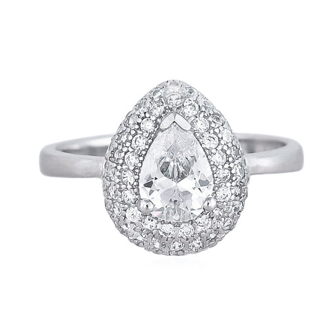 92.5 Silver Rhodium Plated Swiss Zirconia White Pear Ring