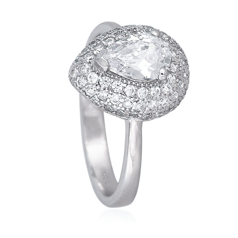 92.5 Silver Rhodium Plated Swiss Zirconia White Pear Ring