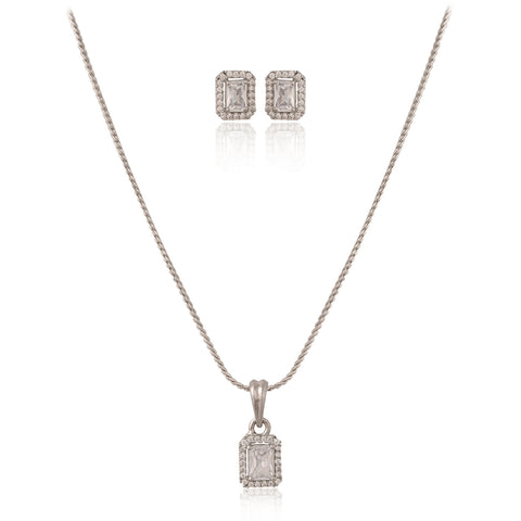 925 Sterling Silver Solitaire Rectangular Set With Chain and Earring