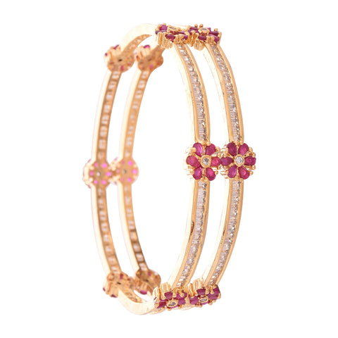 Gold Plated Pink White Baguette American Diamond Floral Sleek Bangle