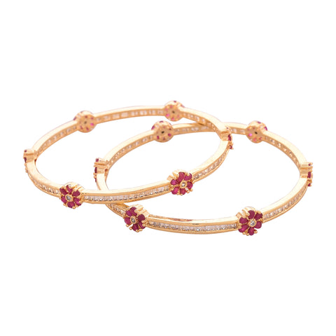 Gold Plated Pink White Baguette American Diamond Floral Sleek Bangle