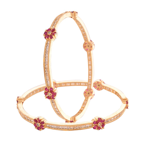 Gold Plated Pink White Baguette American Diamond Floral Sleek Bangle