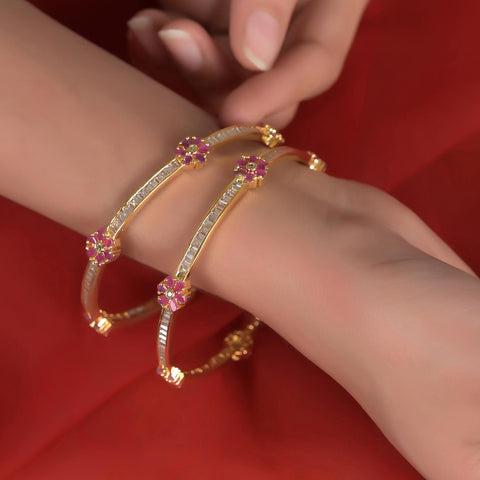 Gold Plated Pink White Baguette American Diamond Floral Sleek Bangle