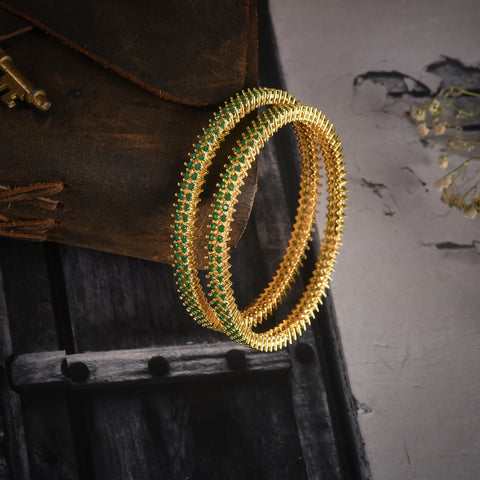 Gold Plated Green CZ Double Line Bangle