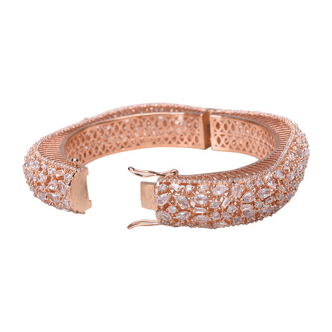 Rose Gold & Silver Plated White American Diamond CZ Single Piece Openable Kada Bangle