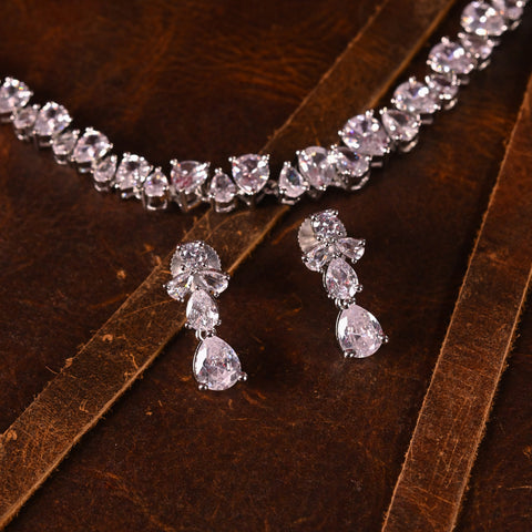 Silver Plated white American Diamond CZ Pear Single Line Wedding Necklace Set With Earring