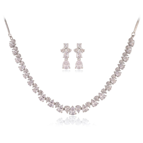 Silver Plated white American Diamond CZ Pear Single Line Wedding Necklace Set With Earring
