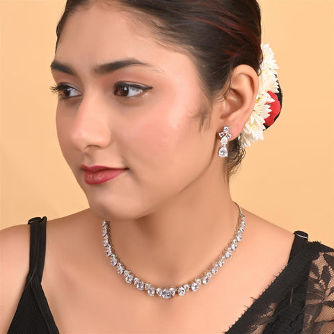 Silver Plated white American Diamond CZ Pear Single Line Wedding Necklace Set With Earring