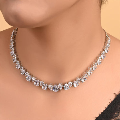Silver Plated white American Diamond CZ Pear Single Line Wedding Necklace Set With Earring
