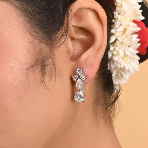 Silver Plated white American Diamond CZ Pear Single Line Wedding Necklace Set With Earring