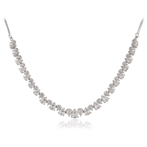 Silver Plated white American Diamond CZ Pear Single Line Wedding Necklace Set With Earring