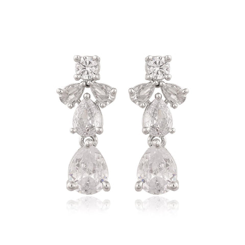 Silver Plated white American Diamond CZ Pear Single Line Wedding Necklace Set With Earring