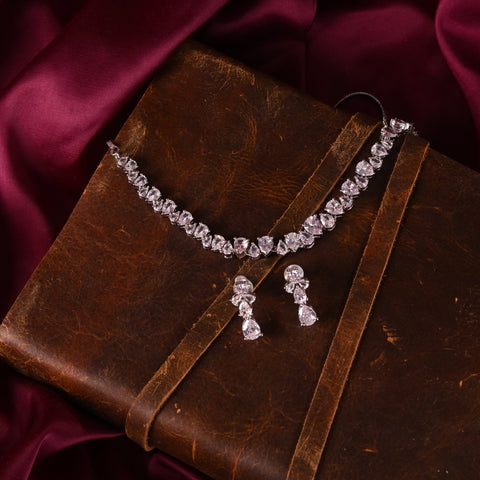 Silver Plated white American Diamond CZ Pear Single Line Wedding Necklace Set With Earring