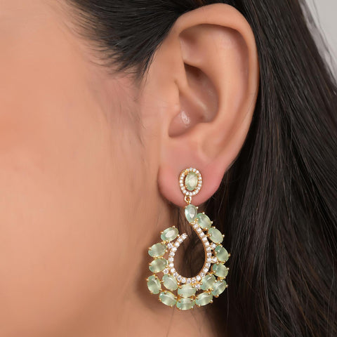Gold Plated American Diamond CZ Mint Green Dangle Drop Earrings