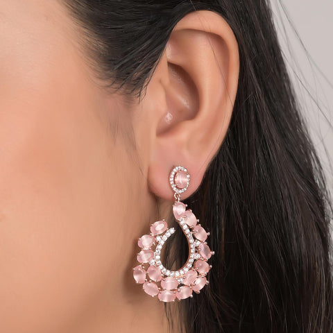 Rose Gold Plated American Diamond CZ Pink Dangle Drop Earrings