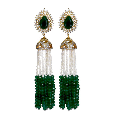 Gold Plated American Diamond CZ Red & Green Beads Pearl Dangler Earrings
