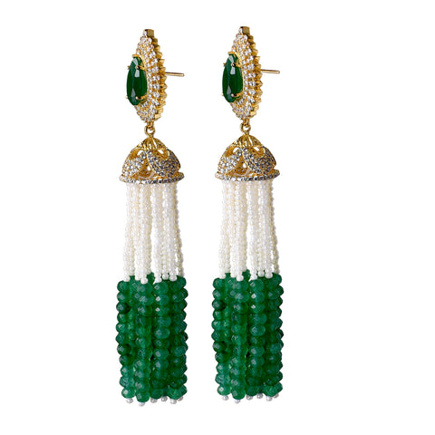 Gold & SilverPlated American Diamond CZ Red & Green Beads Pearl Dangler Earrings