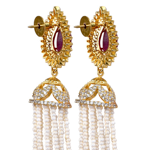 Gold Plated American Diamond CZ Red & Green Beads Pearl Dangler Earrings