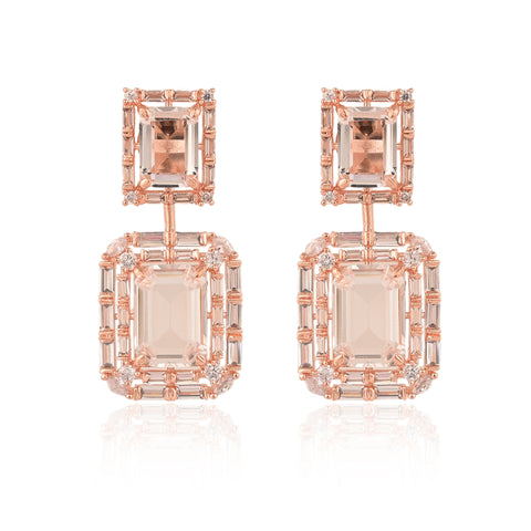Rose Gold Plated American Diamond CZ Baguette White Sleek Earrings