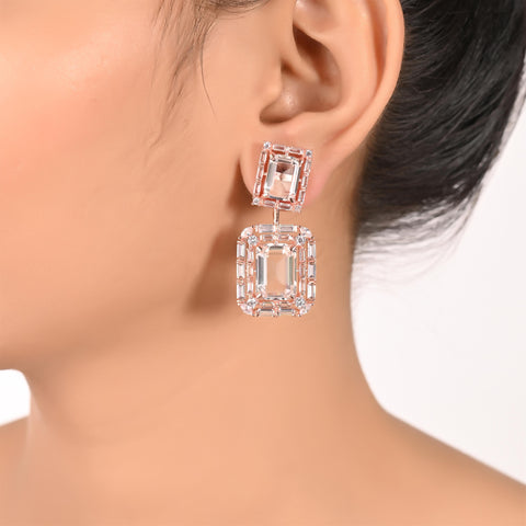 Rose Gold Plated American Diamond CZ Baguette White Sleek Earrings