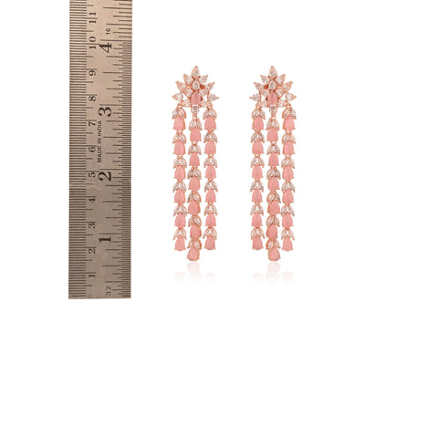 Pink Floral Three Line Rose Gold Finish Earrings