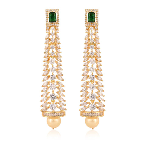 Green Zircon Gold Finish Pearl With CZ Designer Festive Wear Luxury Brass Earrings