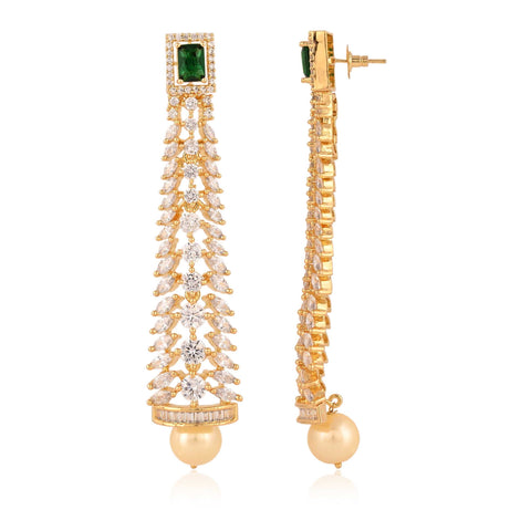 Green Zircon Gold Finish Pearl With CZ Designer Festive Wear Luxury Brass Earrings