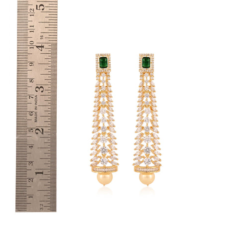 Green Zircon Gold Finish Pearl With CZ Designer Festive Wear Luxury Brass Earrings