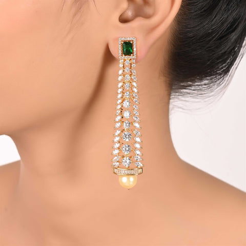 Green Zircon Gold Finish Pearl With CZ Designer Festive Wear Luxury Brass Earrings