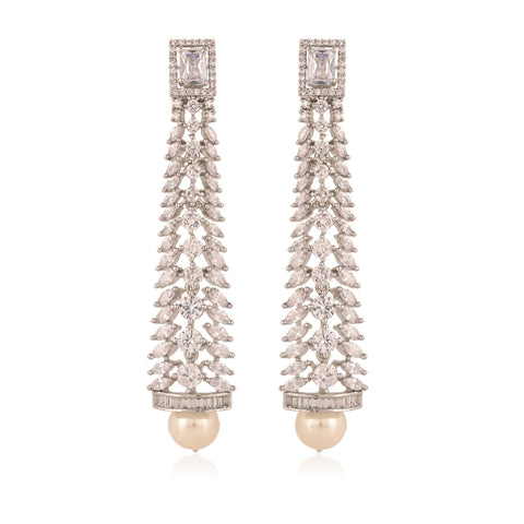 Adorable Silver Finish Pearl With CZ Designer Festive Wear Luxury Brass Earrings