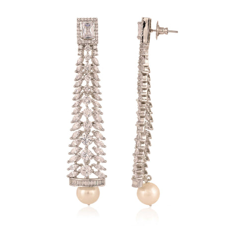Adorable Silver Finish Pearl With CZ Designer Festive Wear Luxury Brass Earrings