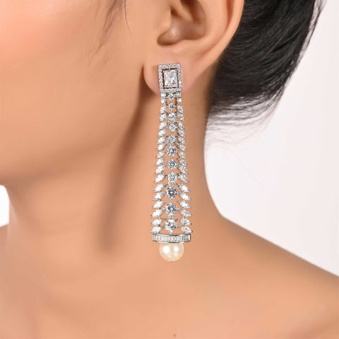 Adorable Silver Finish Pearl With CZ Designer Festive Wear Luxury Brass Earrings