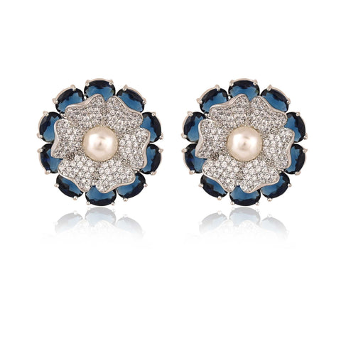 Blue Floral Silver Finish CZ Designer Festive Wear Luxury Brass Earrings