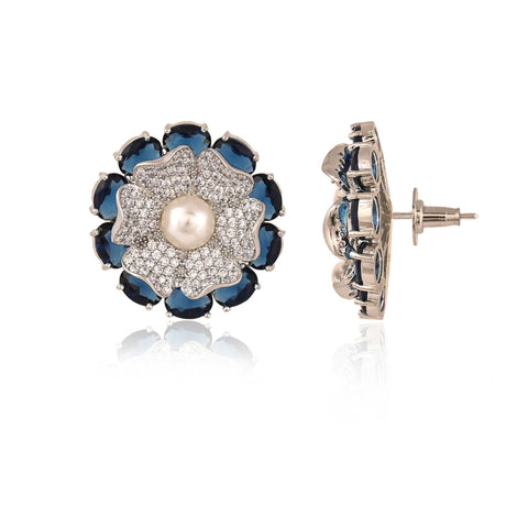 Blue Floral Silver Finish CZ Designer Festive Wear Luxury Brass Earrings