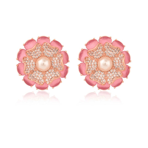 Pink Floral Rose Gold Finish CZ Designer Festive Wear Luxury Brass Earrings