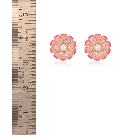 Pink Floral Rose Gold Finish CZ Designer Festive Wear Luxury Brass Earrings