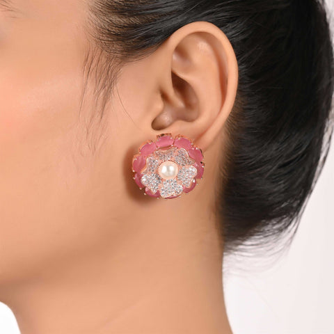 Pink Floral Rose Gold Finish CZ Designer Festive Wear Luxury Brass Earrings