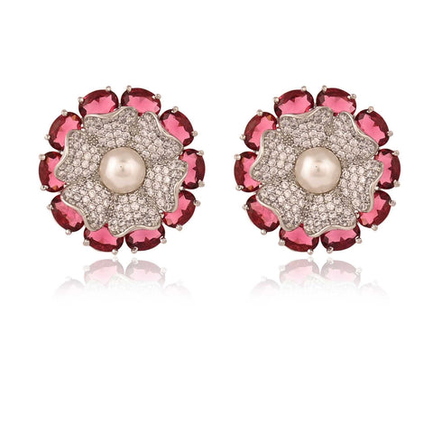 Red Floral Silver Finish CZ Designer Festive Wear Luxury Brass Earrings