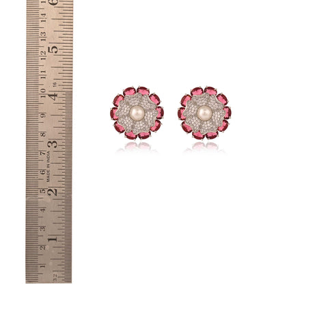 Red Floral Silver Finish CZ Designer Festive Wear Luxury Brass Earrings