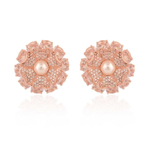 Floral Rose Gold Finish CZ Designer Festive Wear Luxury Brass Earrings