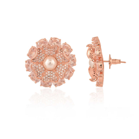 Floral Rose Gold Finish CZ Designer Festive Wear Luxury Brass Earrings