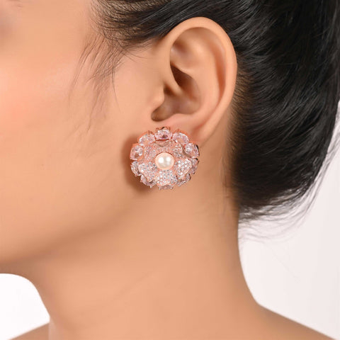 Floral Rose Gold Finish CZ Designer Festive Wear Luxury Brass Earrings